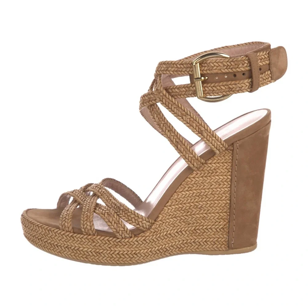 Stuart Weitzman Woven Espadrille Wedge Tan Sandals Size 9
